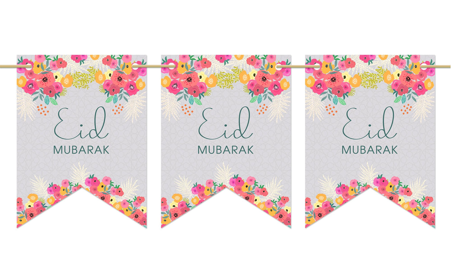 Eid Mubarak Bunting - Floral Geo Grey