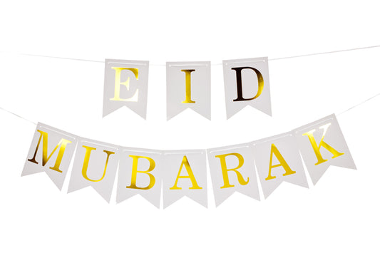 Eid Mubarak Gold Lettering Bunting - White and Gold