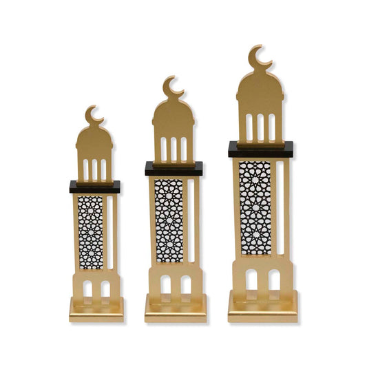 Wooden Minarets Set of 3 - Ramadan & Eid - Gold & Black Outline