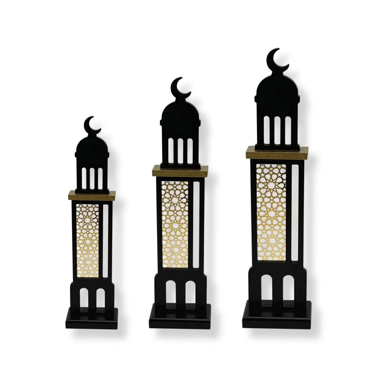 Wooden Minarets Set of 3 - Ramadan & Eid - Black & Gold Outline