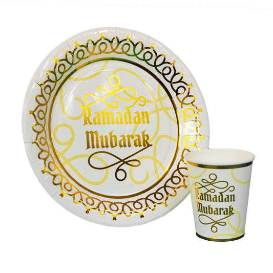 Ramadan Classic White & Gold Plate and Cup Set - 10pk