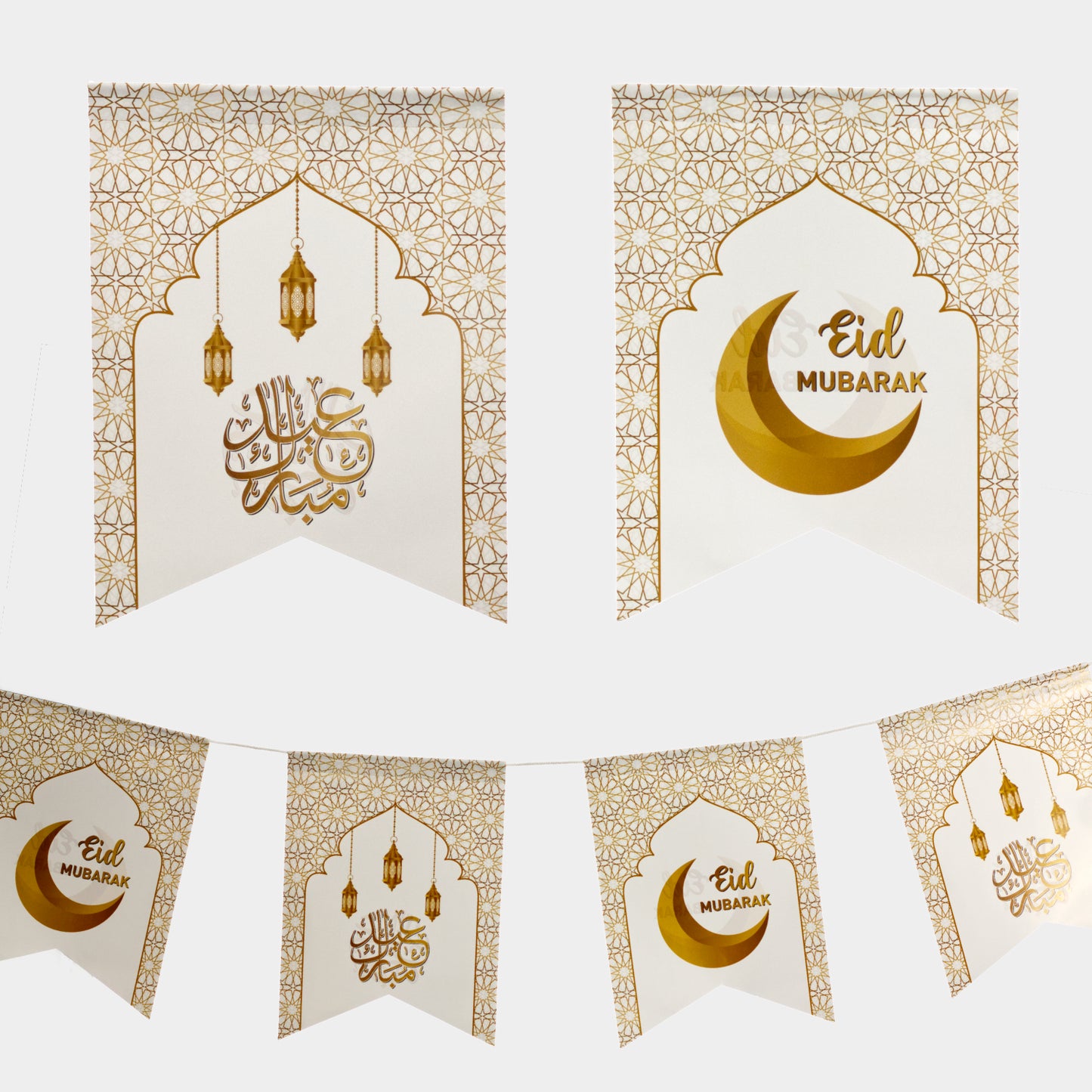 Eid Mubarak Flags - White & Gold Crescent Lanterns
