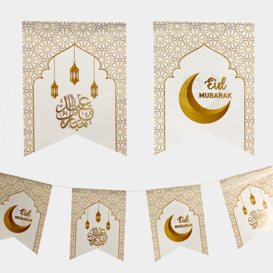 Eid Mubarak Flags - White & Gold Crescent Lanterns