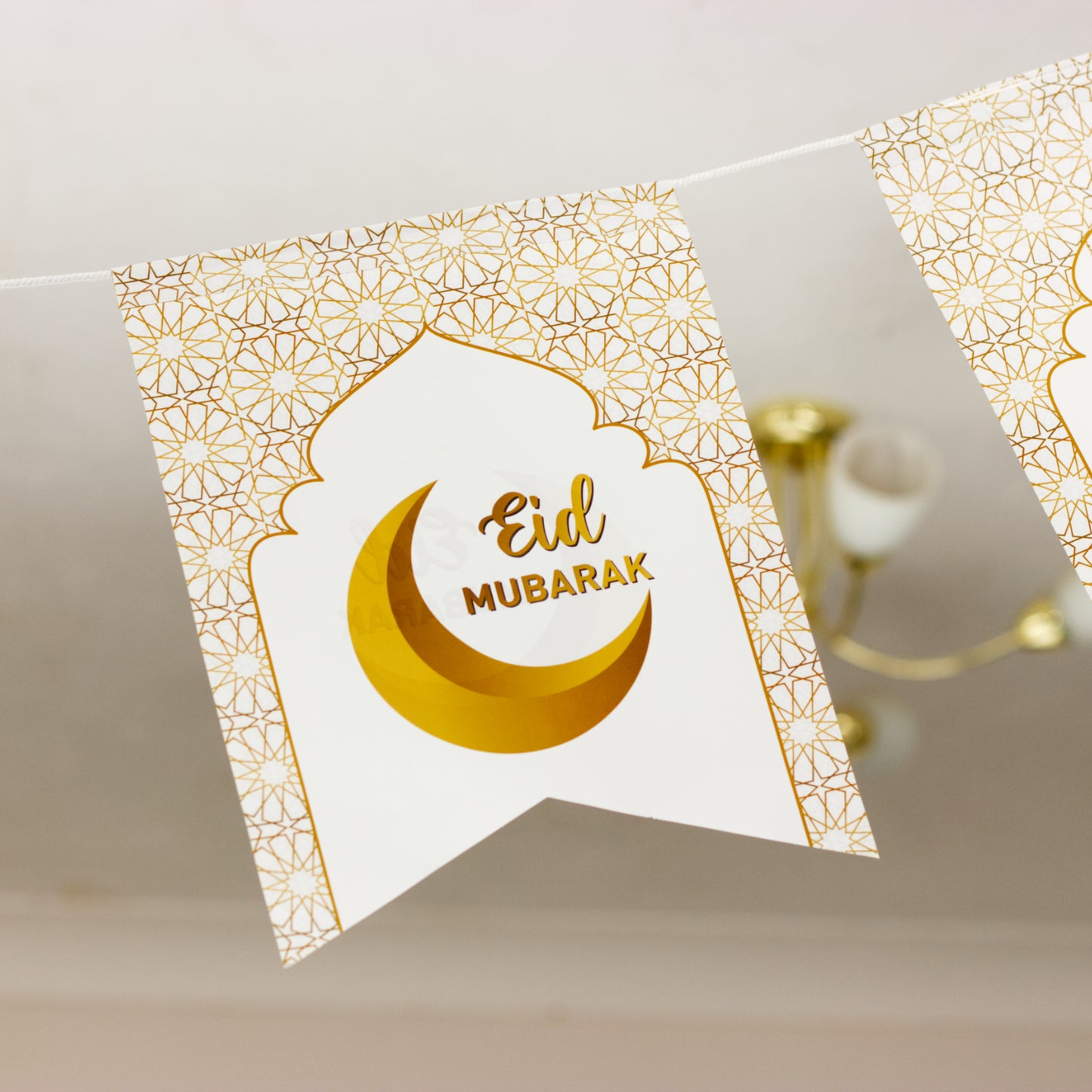 Eid Mubarak Flags - White & Gold Crescent Lanterns