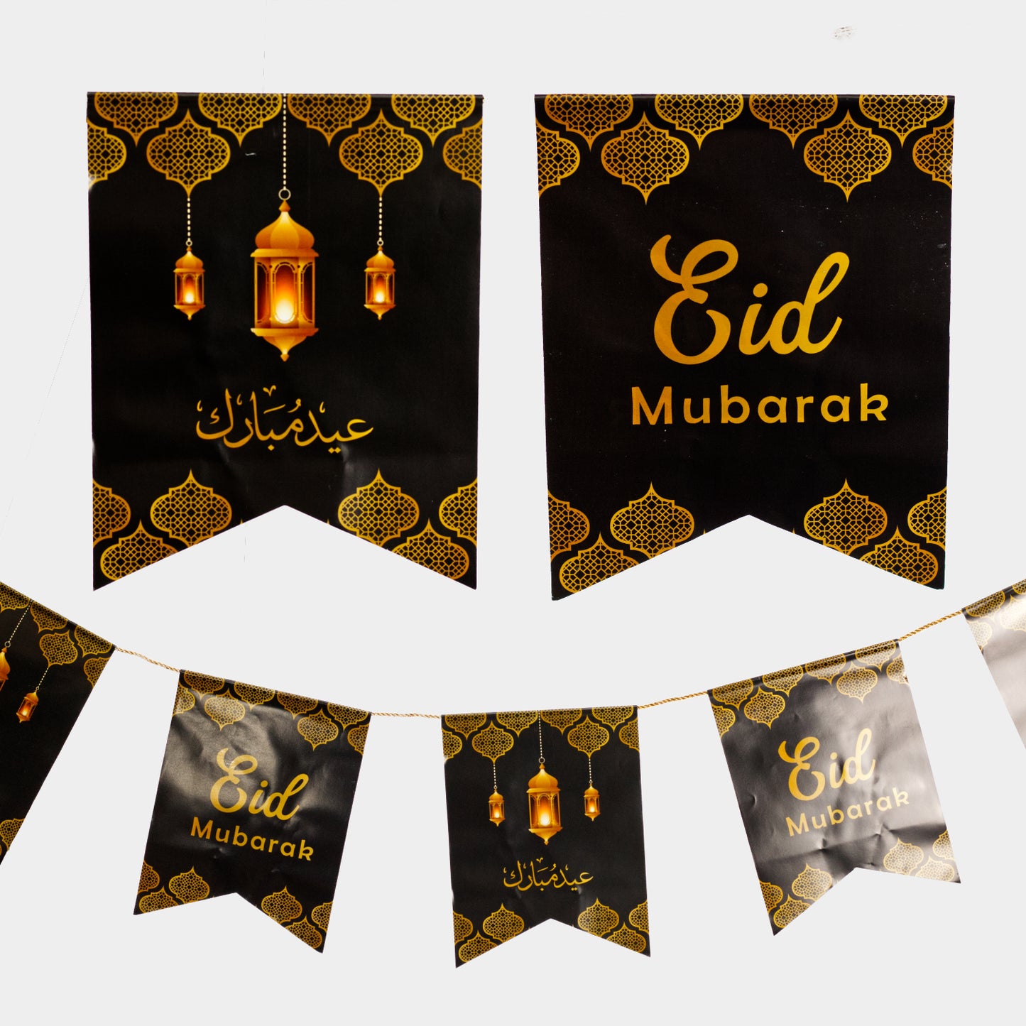 Eid Mubarak Flags - Black & Gold Lanterns - Anafiya Gifts