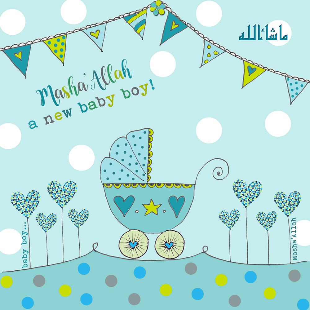 Masha'Allah Baby Boy Card - Blue Pram