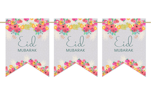 Eid Mubarak Bunting - Floral Geo Grey