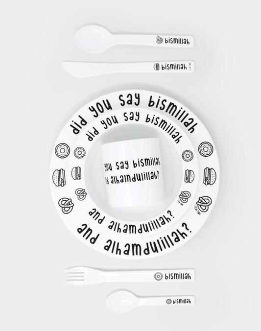 Bismillah Plate, Bowl and Tumbler Set - Includes Cutlery - Anafiya Gifts