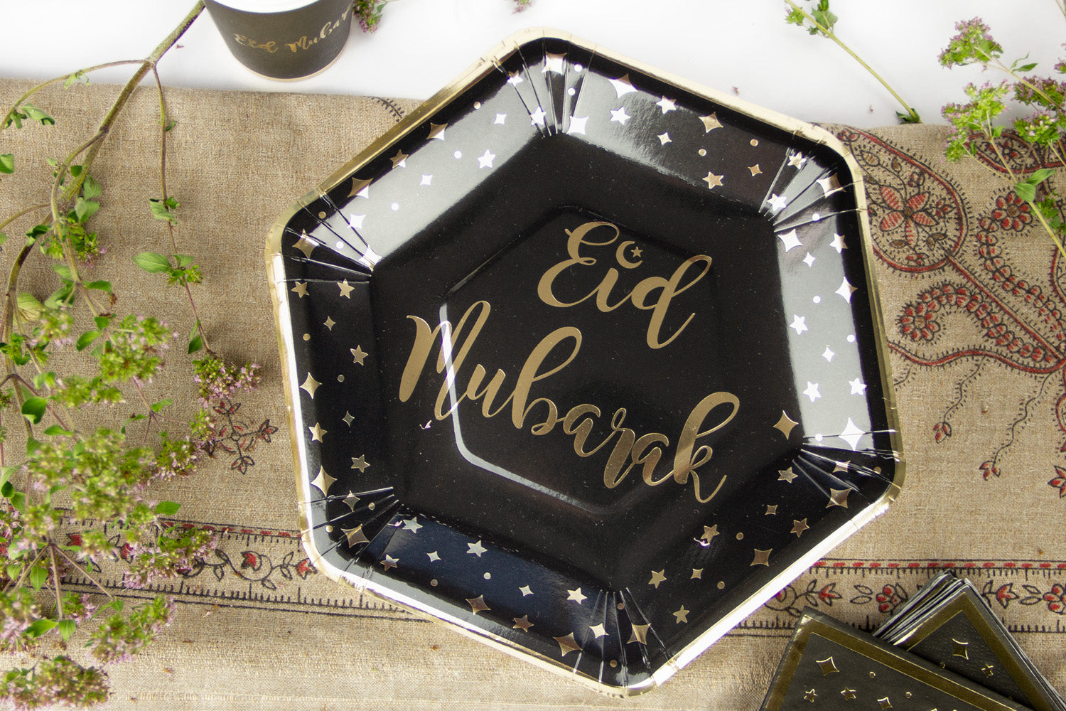 Eid Mubarak Dinner Plates - Black and Gold - Anafiya Gifts